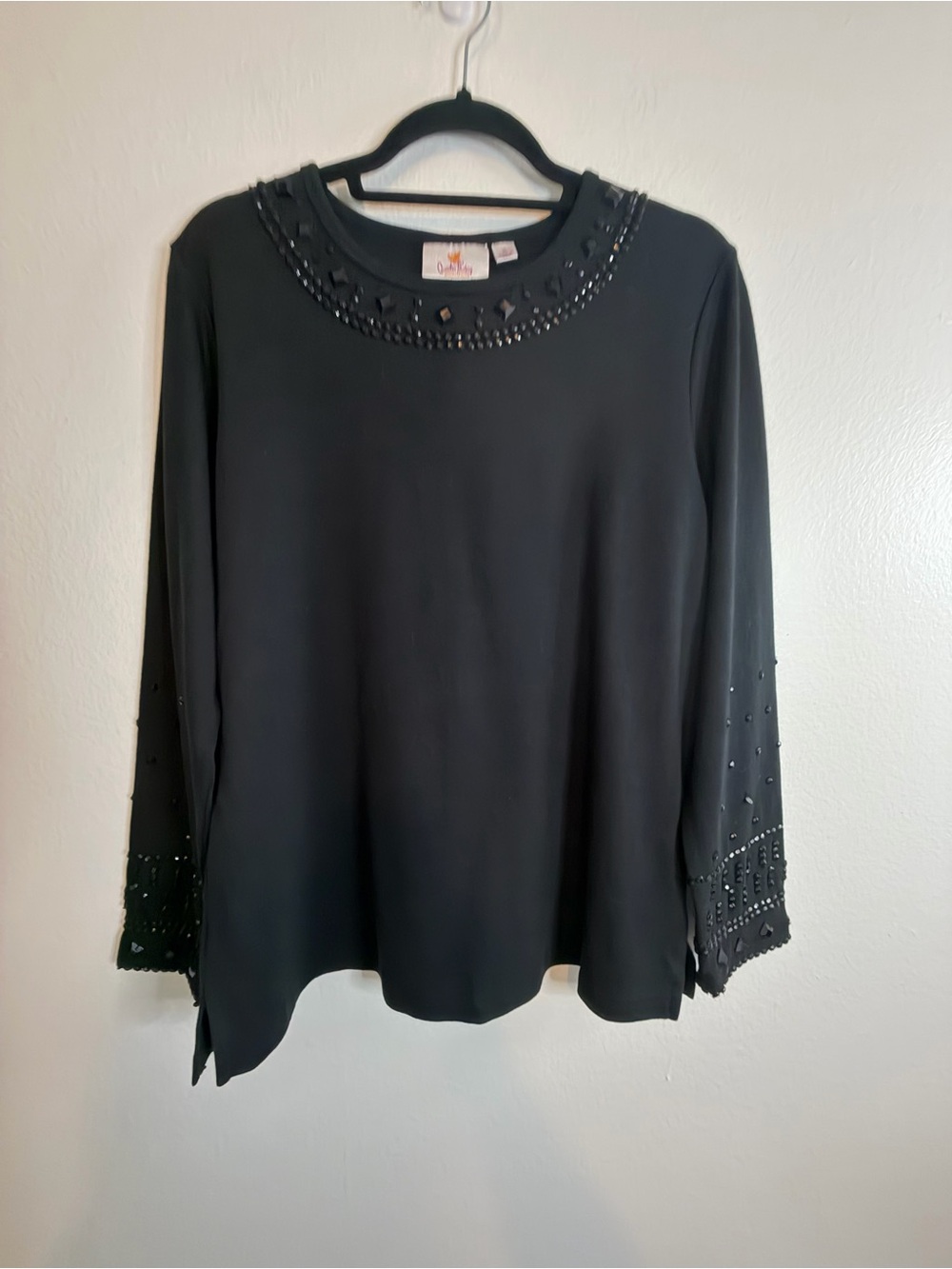 Quacker Factory Top Black Long sleeve Embellishments At Neck And Wrist Sz Medium